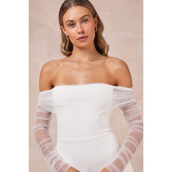 Lulus Beautifully Beloved Dress Women's M White Off the Shoulder Wedding NWT - Picture 2 of 13